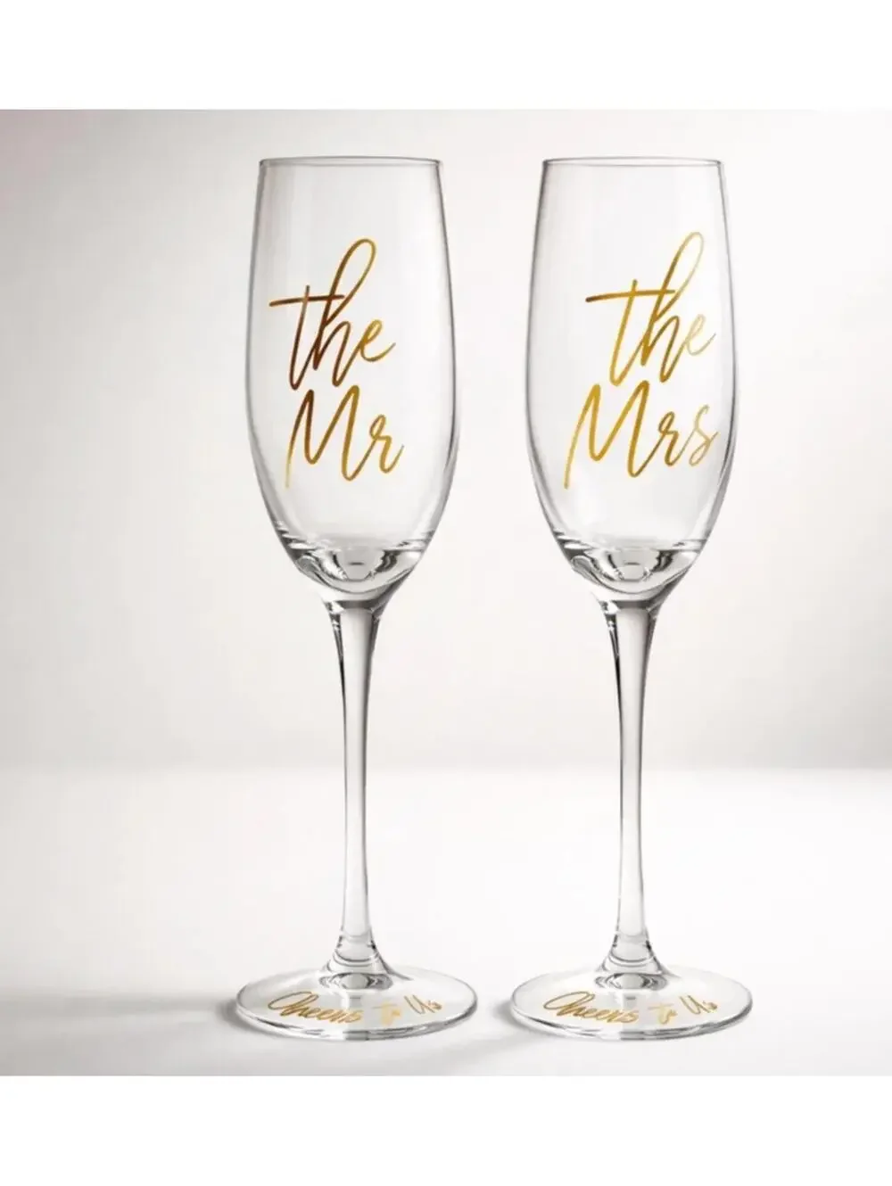 Set of 2 Champagne Flutes with Gold 'Mr & Mrs' Lettering Cheers to Us